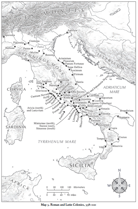 Map identifying 70 Roman and Latin colonies year 338-100, on the mainland of present-day Italy. The largest clusters of colonies occur in the Central and Southern regions of Italy along its western coast.