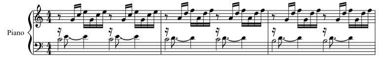 The first three measures of Prelude I in C Major, BWV 846 by Johann Sebastian Bach (1685-1750) scored for piano