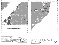 P5 plans and section, with sections of postholes.